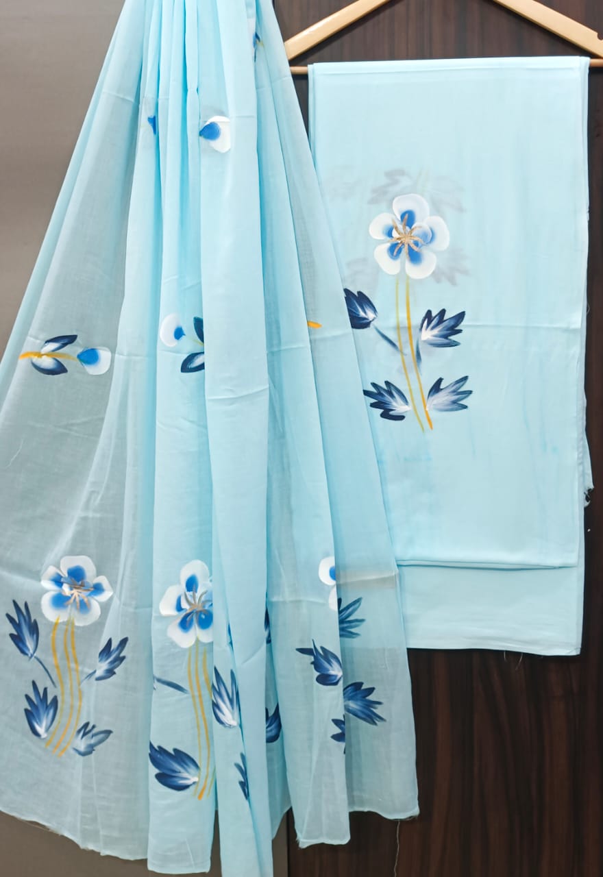 Designer Hand Block Print Pure Cotton Suit with Cotton Mulmul Dupatta (MALYS13)