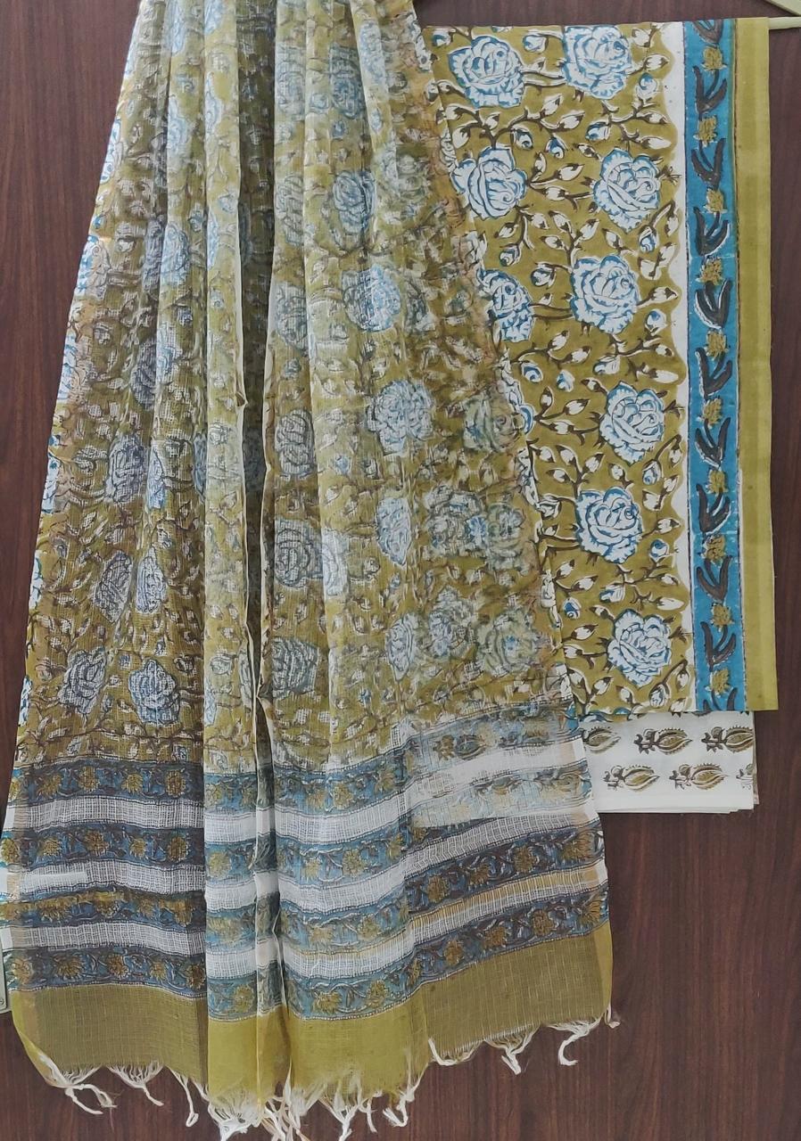 DESIGNER HAND BLOCK PRINT PURE COTTON SUIT MATERIAL WITH KOTA DORIA DUPATTA (3CKDYS131)