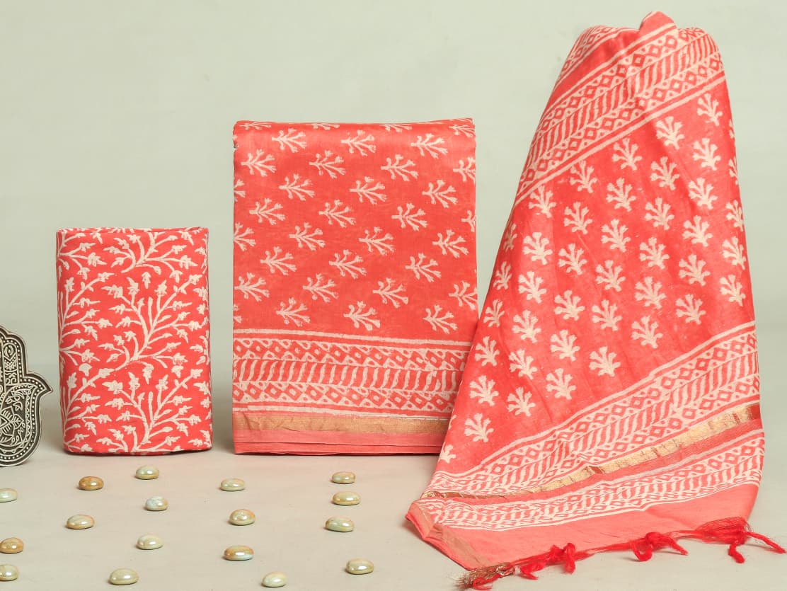 Designer Hand Block  Print Chanderi Silk Suit set with Premium Chanderi Dupatta (CHDYS22)