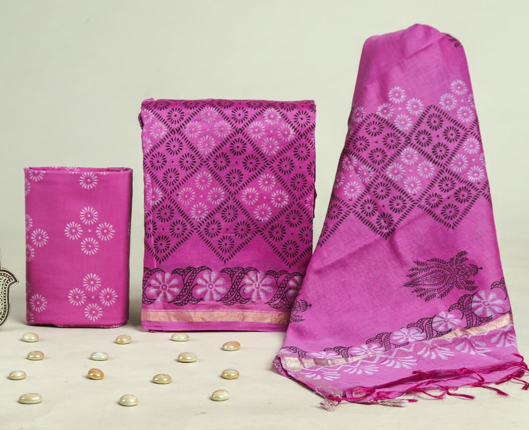 TRADITIONAL HAND BLOCK CHANDERI SILK SUIT SET WITH CHANDERI DUPATTA (CHDYS113)