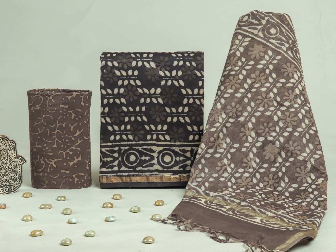 TRADITIONAL  HAND BLOCK CHANDERI SILK SUIT SET WITHCHANDERI DUPATTA(CHDYS167)
