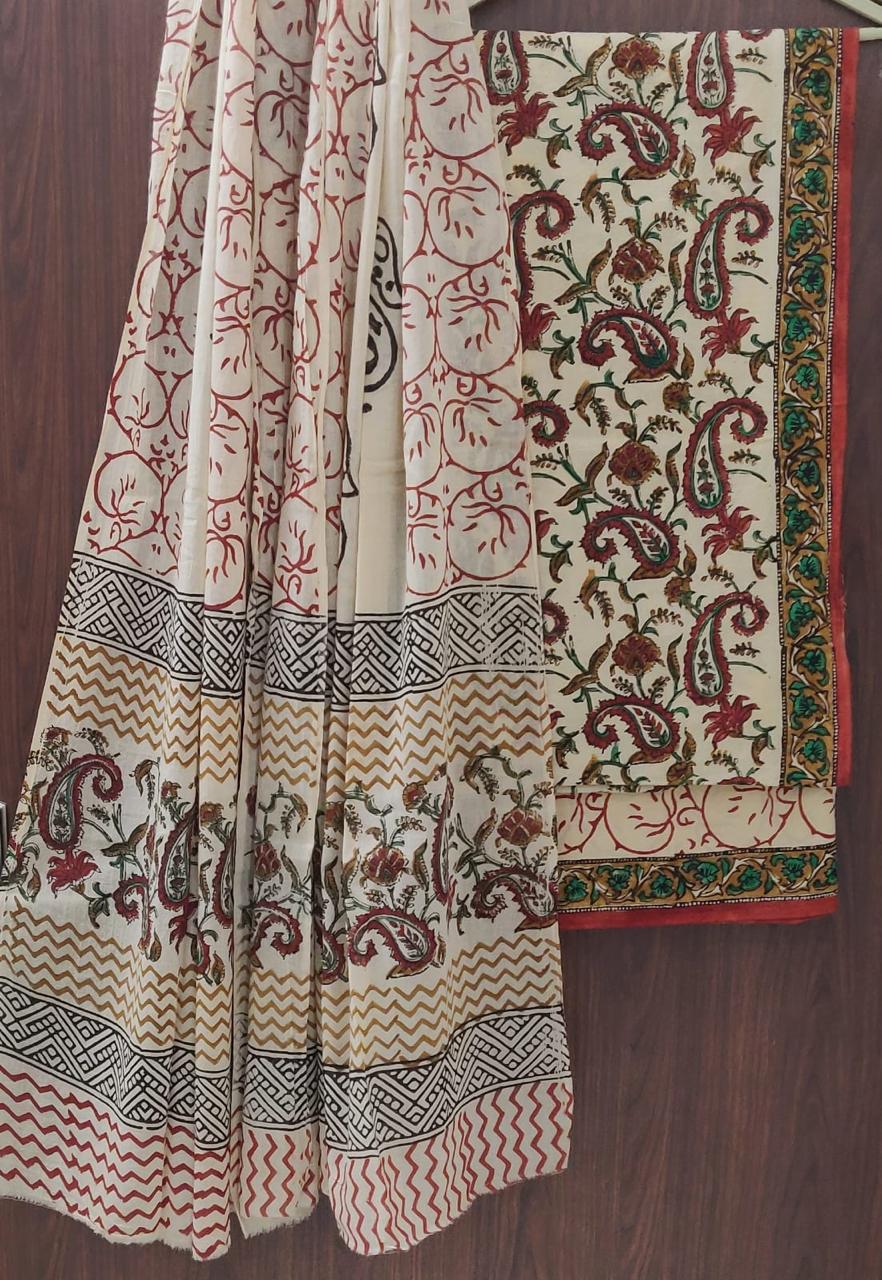 DESIGNER HAND BLOCK PRINT PURE COTTON SUIT WITH COTTON MULMUL DUPATTA (MALYS73)