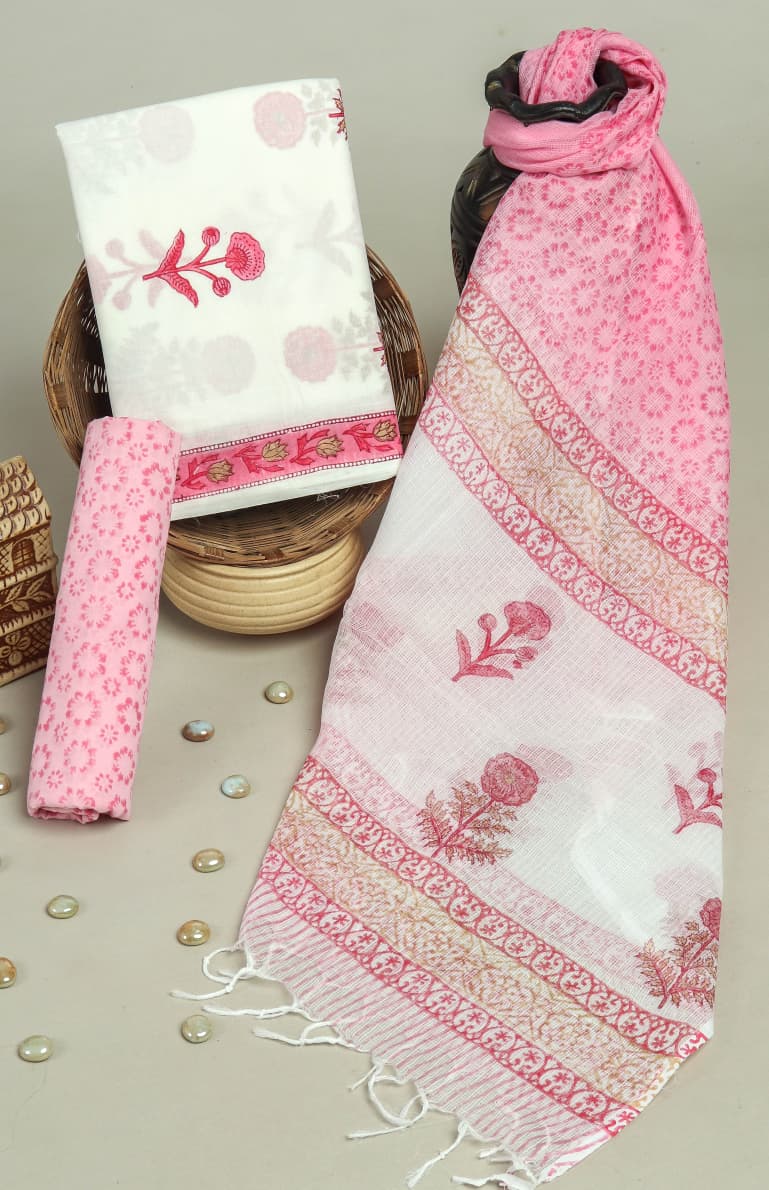 Designer Hand Block Print Pure Cotton Suit Material with Kota Doria Dupatta (3CKDYS08)