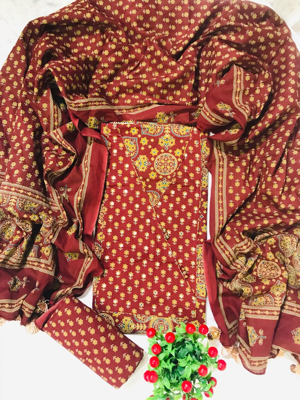 Elegant Floral Print Gota Work Suit with Muluml Dupatta  (GOTAYS59)