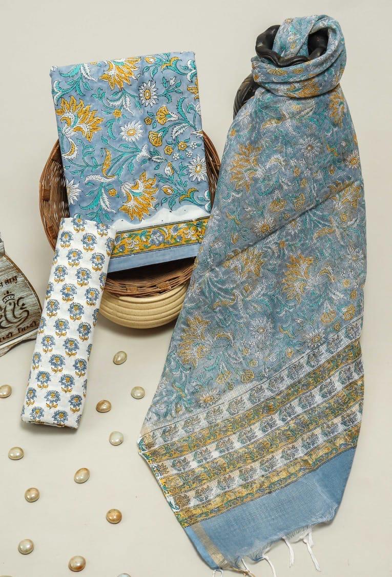 DESIGNER HAND BLOCK PRINT PURE COTTON SUIT MATERIAL WITH KOTA DORIA DUPATT(3CKDYS50)