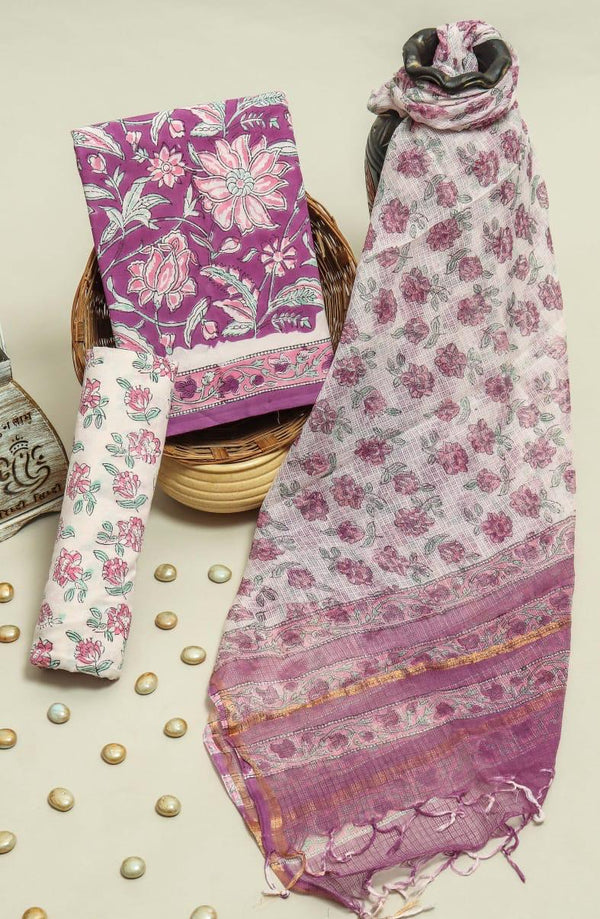 TRADITIONAL HAND HAND BLOCK PURE COTTON SUIT WITH KOTA DORIA DUPATTA (3CKDYS244)