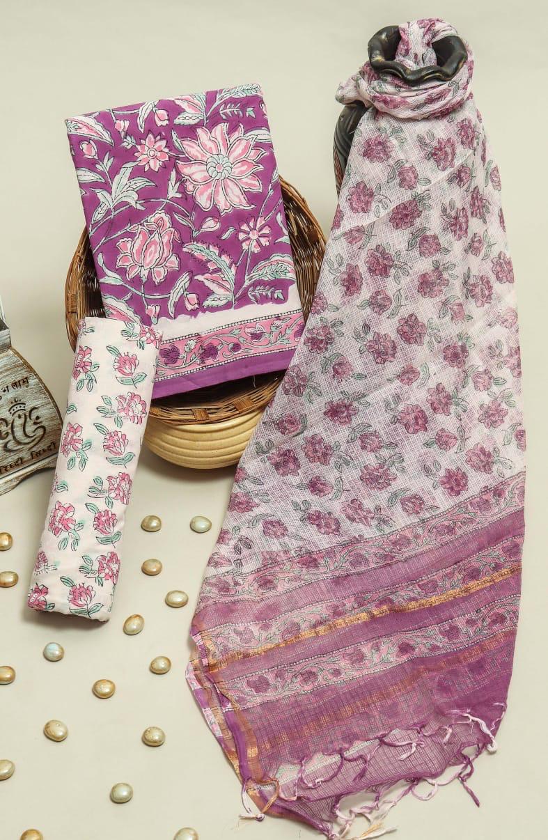TRADITIONAL HAND HAND BLOCK PURE COTTON SUIT WITH KOTA DORIA DUPATTA (3CKDYS244)
