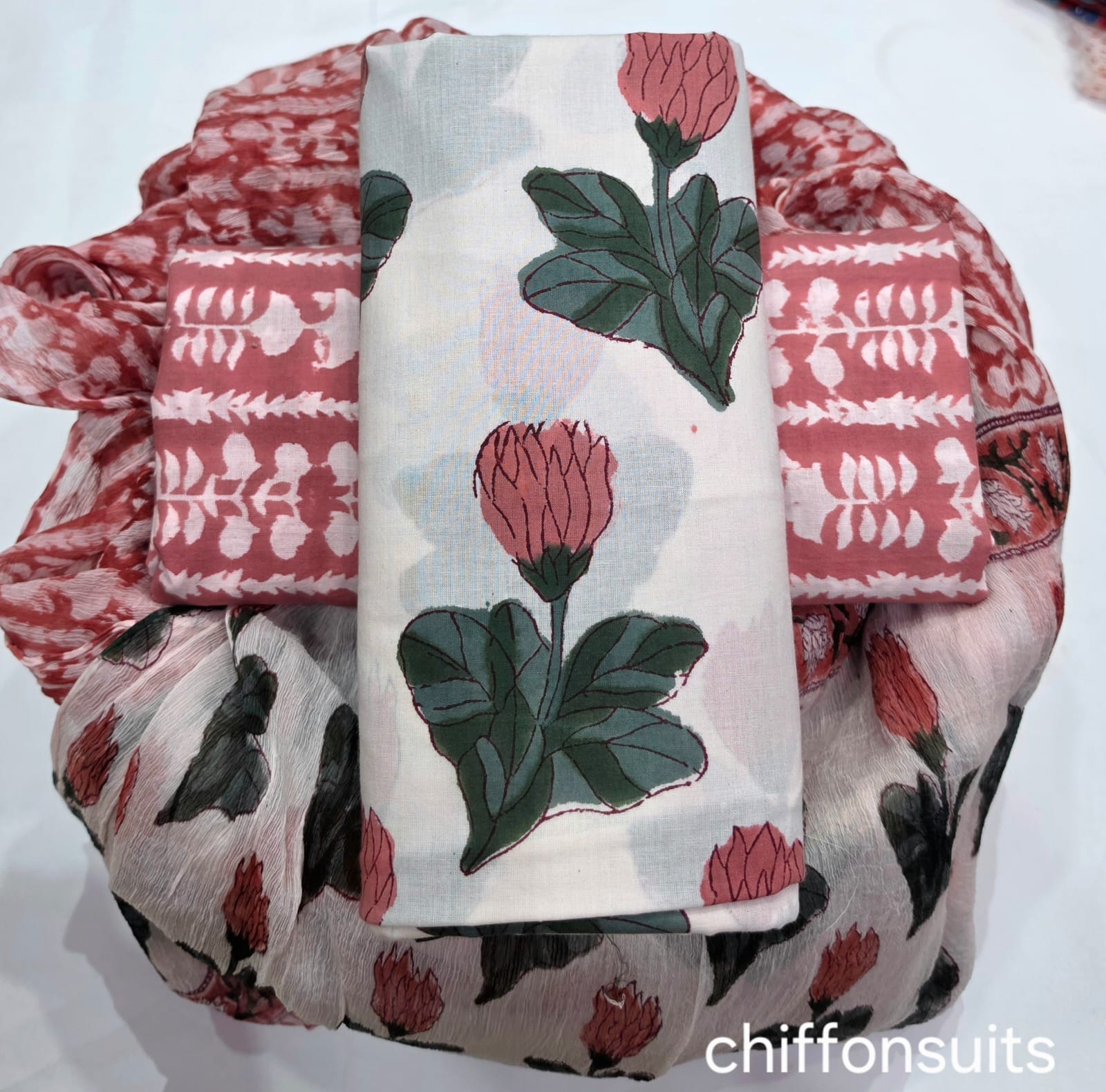 Designer  Hand Block Print  Pure Cotton Suit with Chiffon Dupatta (PCHFYS05)