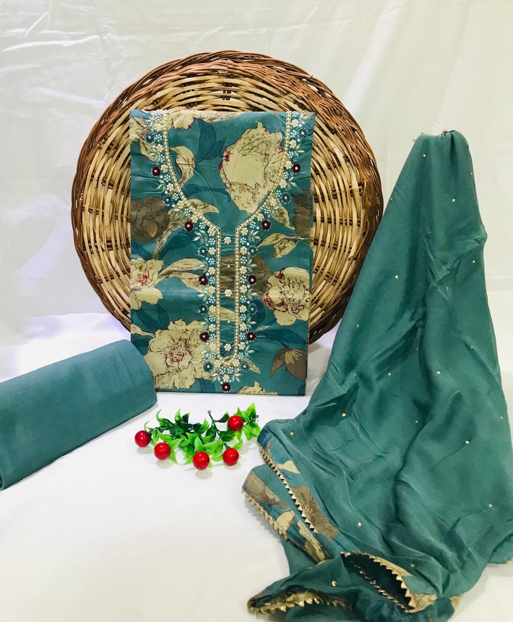 SANGANERI PRINT COTTON SUIT MATERIAL WITH CHIFFION DUPATTA GOTTA  NECK WORK (GOTAYS113)