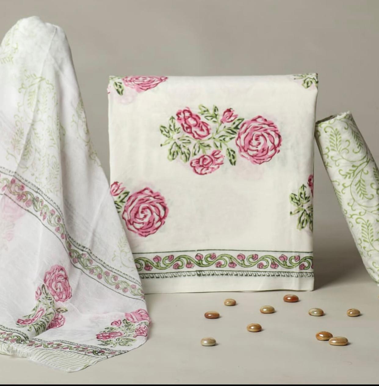 TRADITIONAL HAND BLOCK PRINT PURE COTTON SUIT WITH CHIFFION DUPTTA (PCHFYS109)