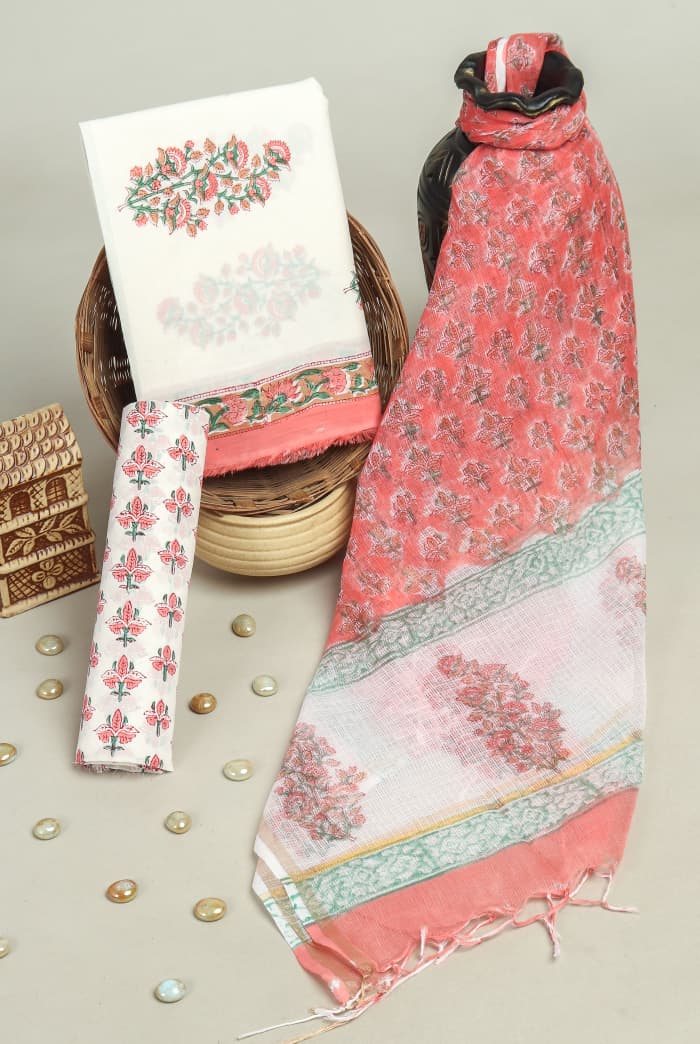 TRADITIONAL HAND HAND BLOCK PURE COTTON SUIT WITH KOTA DORIA DUPATTA (3CKDYS244)