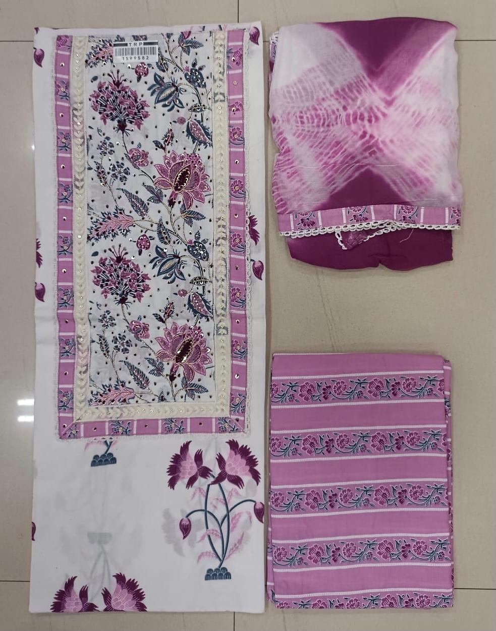 SANGANERI PRINT COTTON SUIT MATERIAL WITH CHIFFION DUPATTA NECK WORK (GOTAYS160)
