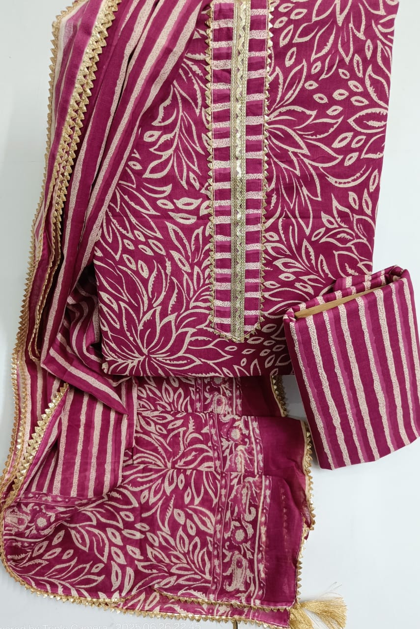 SANGANERI PRINT COTTON SUIT MATERIAL WITH COTTON DUPATTA WITH GOTA HAND WORK (GOTAYS84)