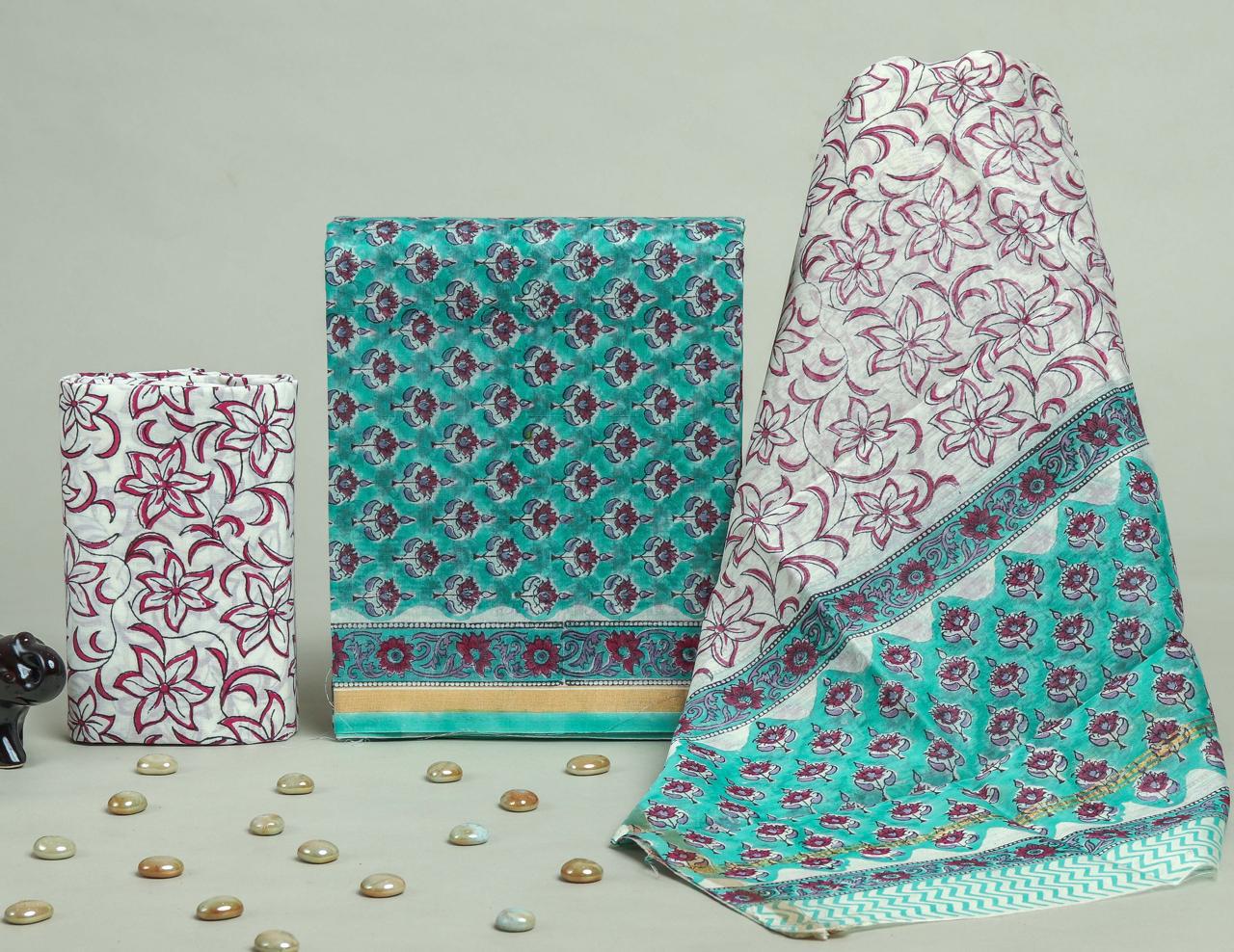 DESIGNER HAND BLOCK CHANDERI SILK SUIT SET WITH CHANDERI DUPATTA (CHDYS182)