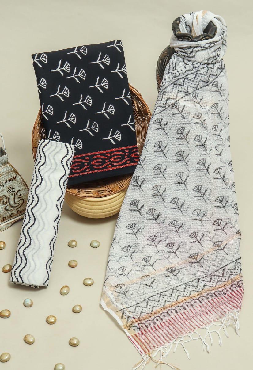 TRADITIONAL HAND HAND BLOCK PURE COTTON SUIT WITH KOTA DORIA DUPATTA (3CKDYS234)
