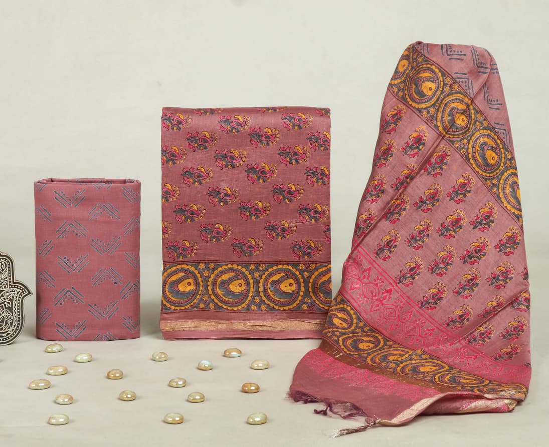 DESIGNER HAND BLOCK PRINT CHANDERI SILK SUIT SET WITH PREMIUM CHANDERI DUPATTA (CHDYS77)