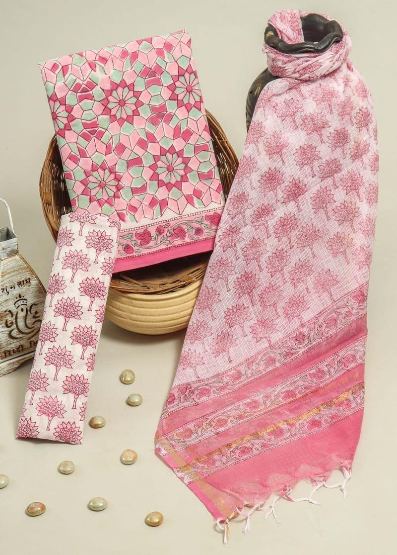 DESIGNER FLORAL JAAL HAND BLOCK PRINT COTTON SUIT SET WITH KOTA DORIA DUPATTA (3CKDYS210)