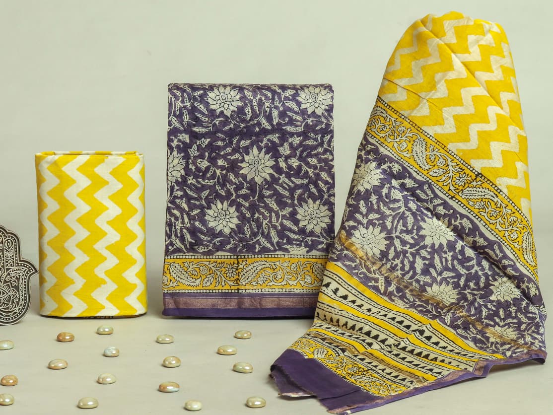 DESIGNER HAND BLOCK PRINT CHANDERI SILK SUIT SET WITH PREMIUM CHANDERI DUPATTA (CHDYS40)
