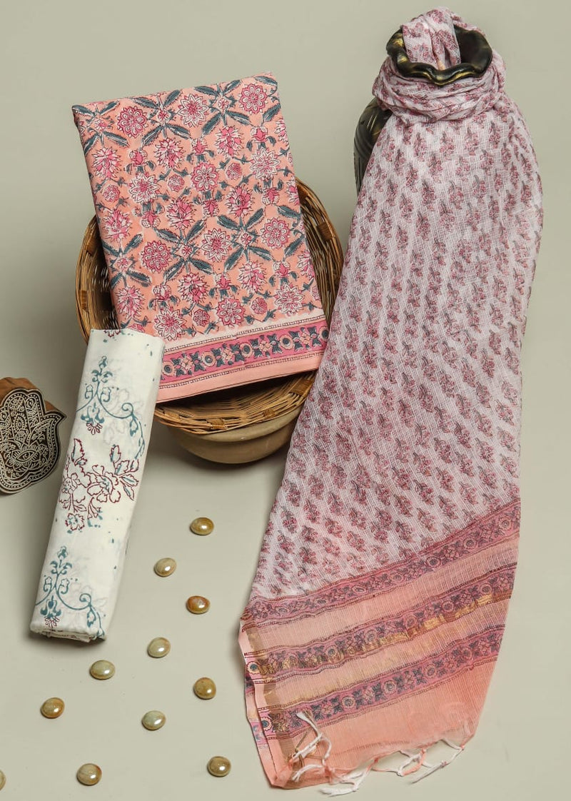 DESIGNER HAND BLOCK PRINT PURE COTTON SUIT MATERIAL WITH KOTA DORIA DUPATTA (3CKDYS85)