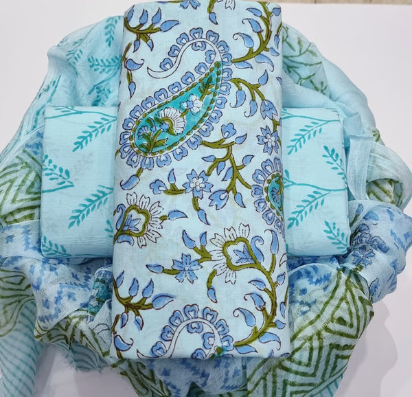 TRADITIONAL HAND BLOCK PRINT PURE COTTON SUIT WITH CHIFFION DUPTTA (PCHFYS156)