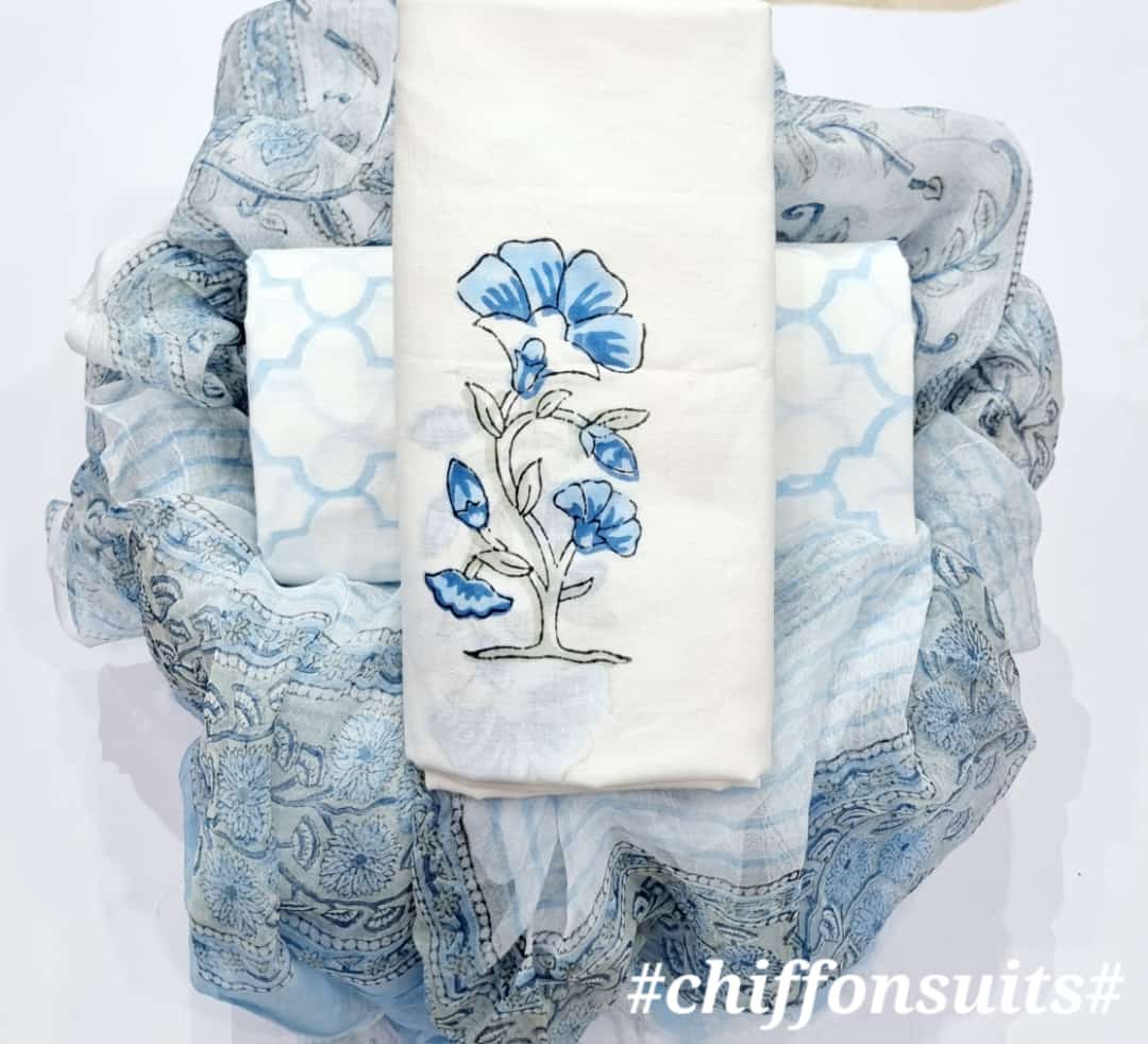 ELEGANT HAND PRINTED PURE COTTON SUIT WITH CHIFFION DUPTTA (PCHFYS130)