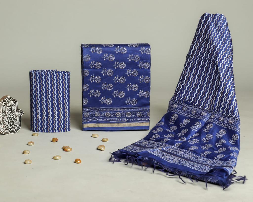 YUVI STYLE HAND BLOCK CHANDERI SILK SUIT SET WITH CHANDERI DUPATTA (CHDYS281