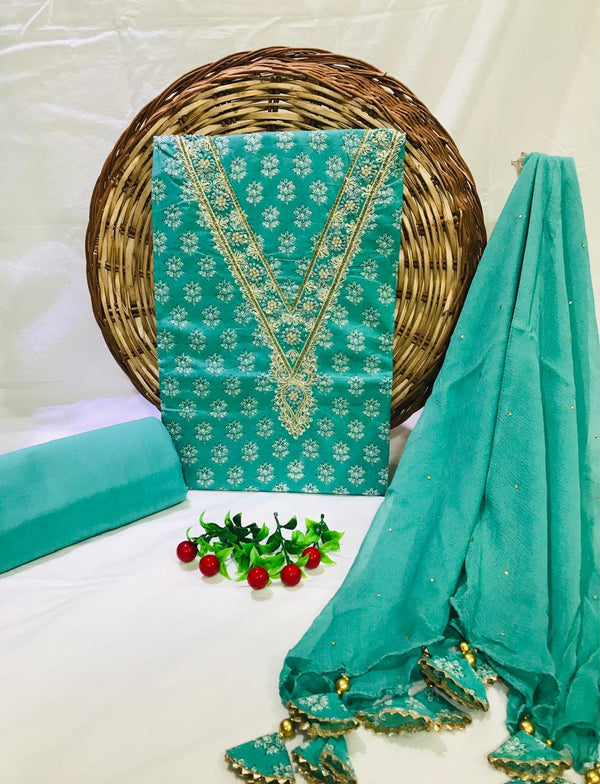 SANGANERI PRINT COTTON SUIT MATERIAL WITH CHIFFION DUPATTA GOTTA NECK WORK (GOTAYS122