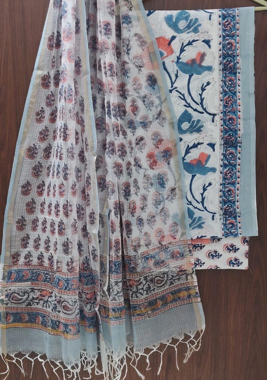 DESIGNER HAND BLOCK PRINT PURE COTTON SUIT MATERIAL WITH KOTA DORIA DUPATTA (3CKDYS70)