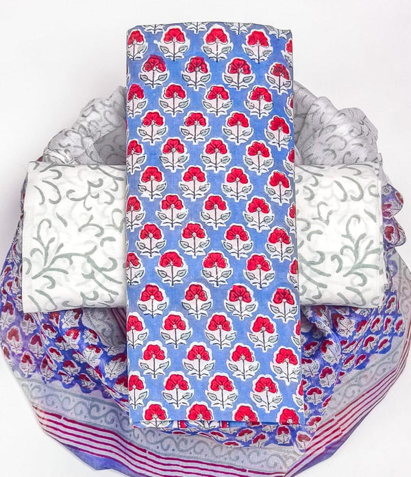 TRADITIONAL HAND PRINTED PURE COTTON SUIT WITH CHIFFION DUPTTA (PCHFYS129)