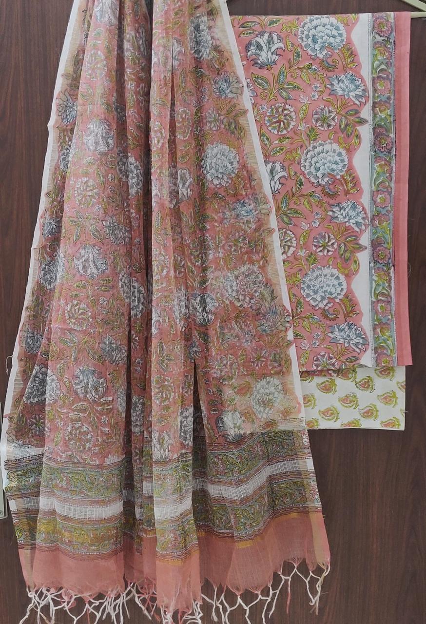 Designer Hand Block Print Pure Cotton Suit Material with Kota Doria Dupatta(3CKDYS14)