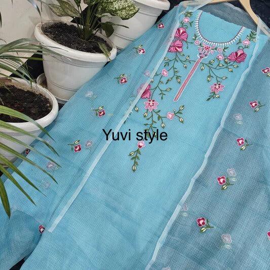 Yuvi Style Blue Kota Doria Suit With Embroidery Work (FKDYS114)