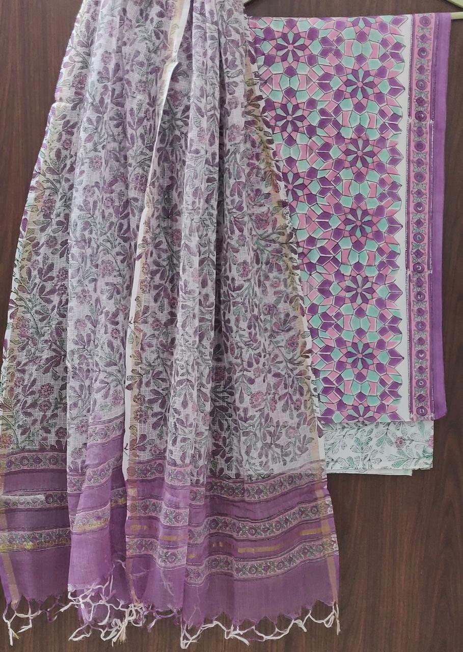 Designer Hand Block Print Pure Cotton Suit Material with Kota Doria Dupatta(3CKDYS03)