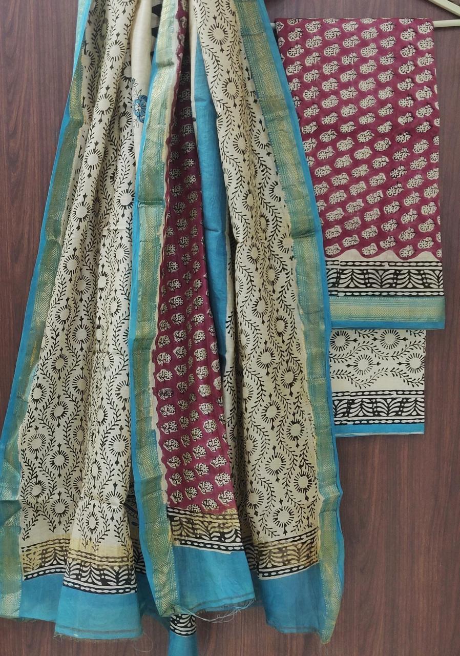 EXCLUSIVE HAND BLOCK PRINT MAHESHWARI SILK SUIT WITH MAHESHWARI SILK DUPPTA(MSLYS74)