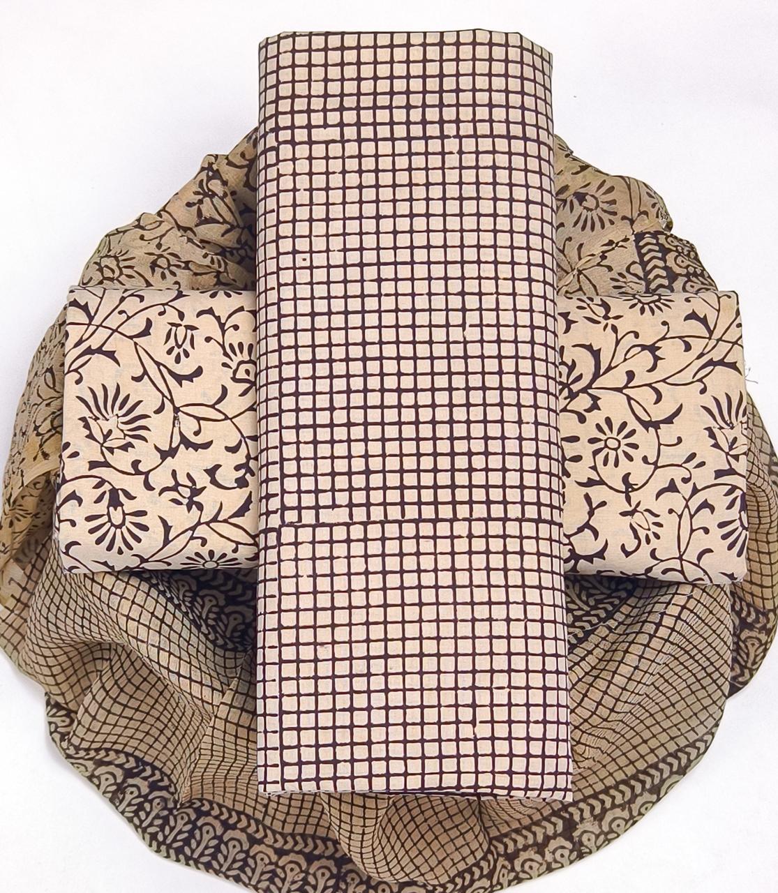 TRADITIONAL HAND BLOCK PRINT PURE COTTON SUIT WITH CHIFFION DUPTTA (PCHFYS78)