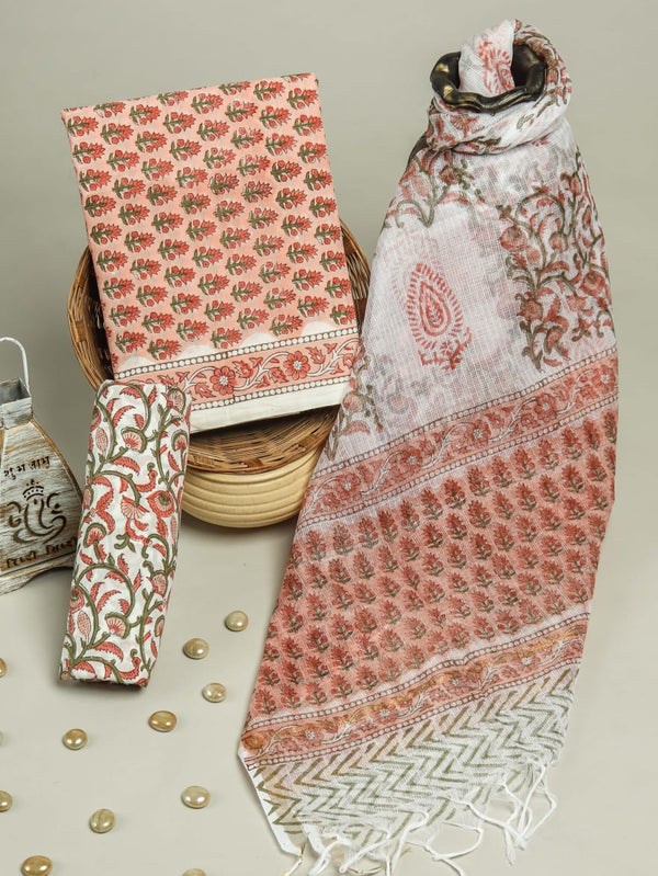 Elegant Red-Peach Combination Block Printed Kota Doria Dupatta main image 0