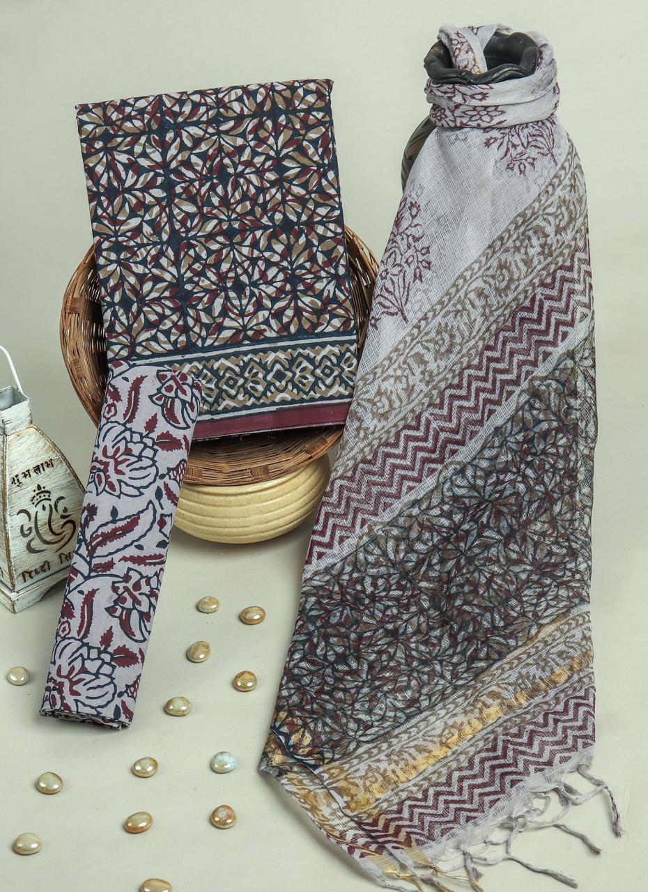 TRADITIONAL HAND BLOCK PRINT PURE COTTON SUIT WITH DORIA DUPATTA (3CKDYS97)