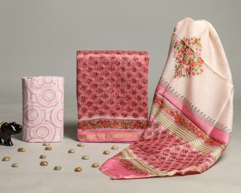 TRADITIONAL HAND BLOCK CHANDERI SILK SUIT SET WITH CHANDERI DUPATTA (CHDYS260)