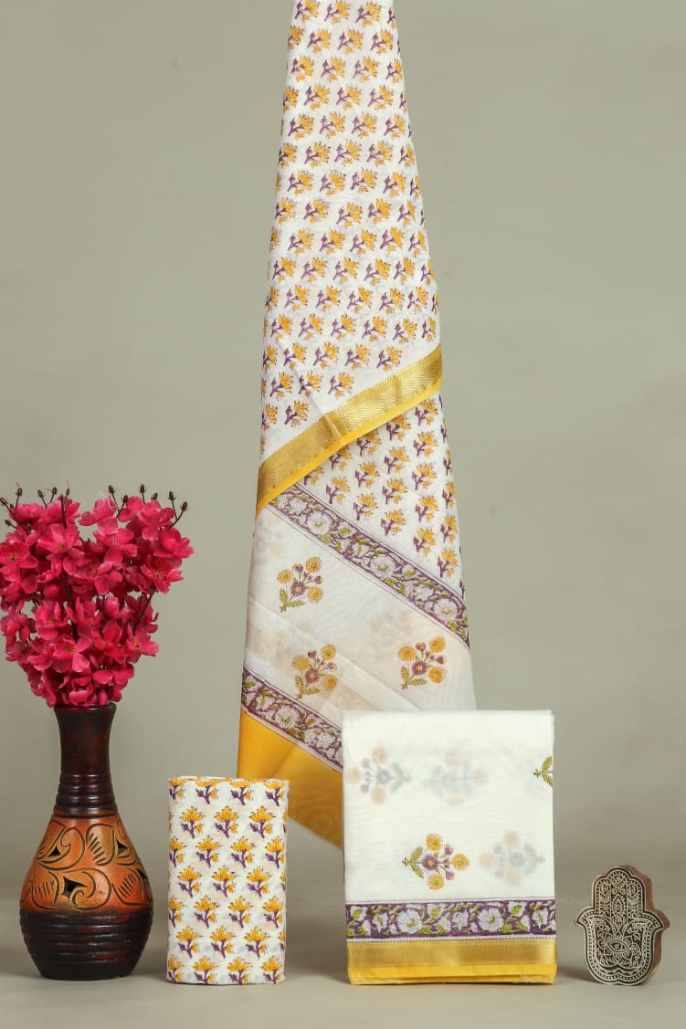 Designer Hand Block Print Maheshwari Silk Suit Set (MSLYS07)