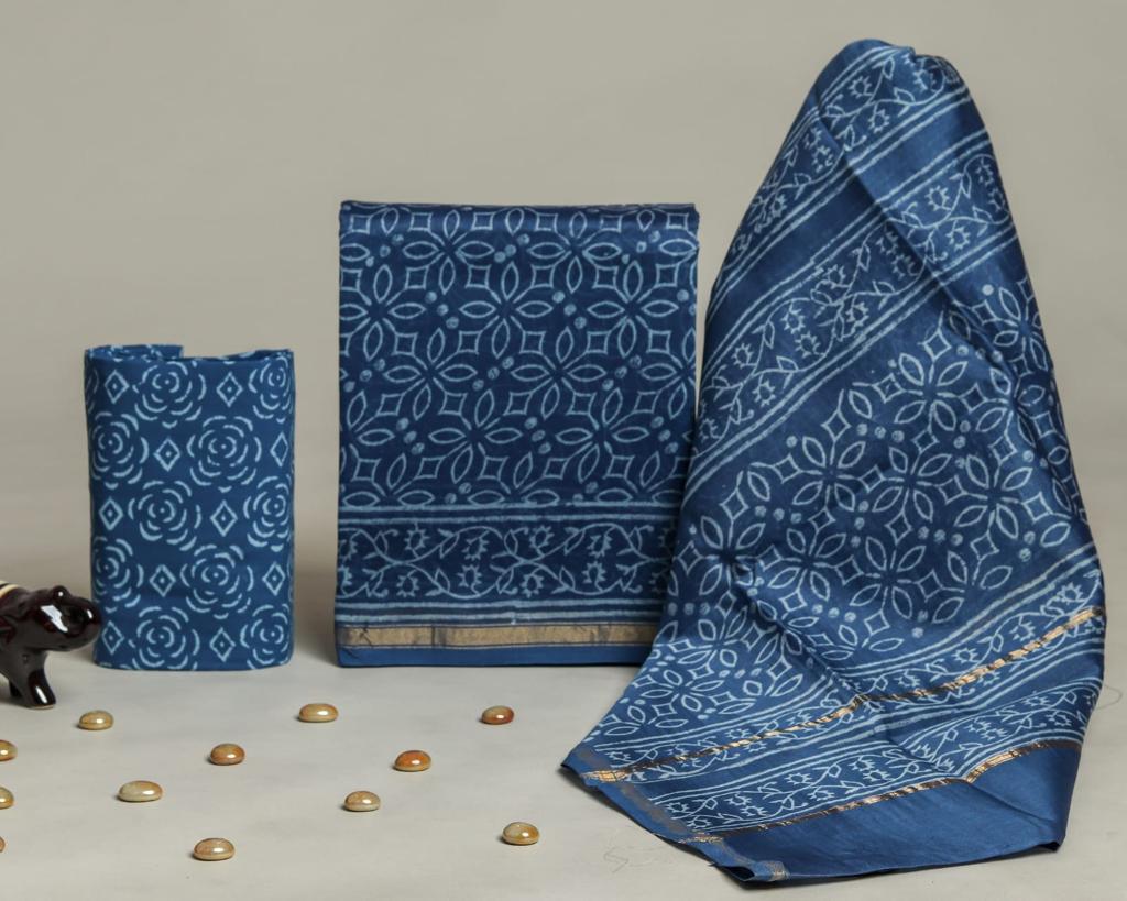 DESIGNER HAND BLOCK PRINT CHANDERI SILK SUIT SET WITH PREMIUM CHANDERI DUPATTA (CHDYS271)