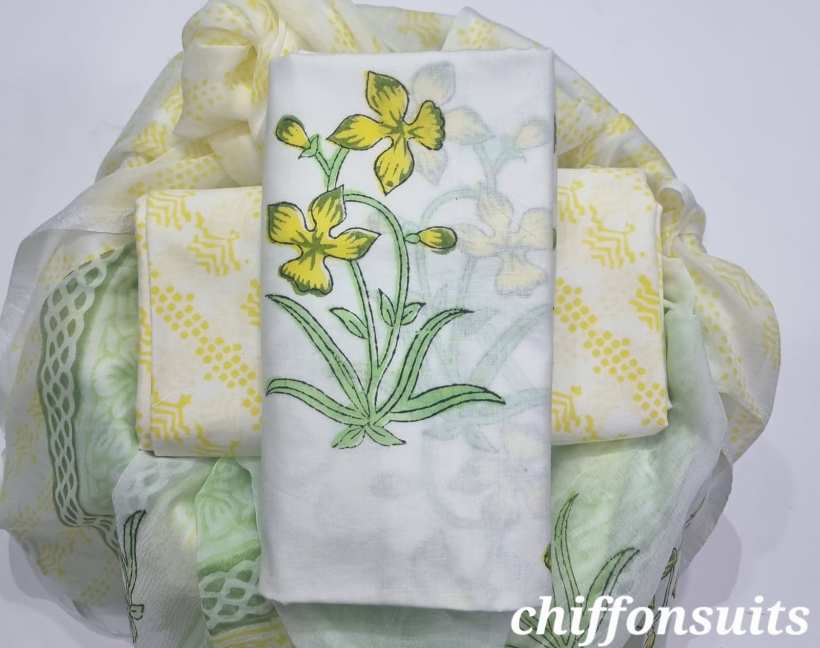 TRADITIONAL HAND BLOCK PRINT PURE COTTON SUIT WITH CHIFFION DUPTTA (PCHFYS72)