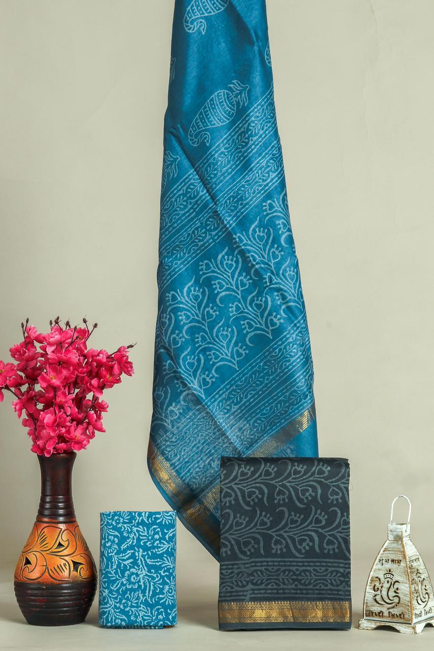 Designer Hand Block Print Maheshwari Silk Suit Set (MSLYS18)