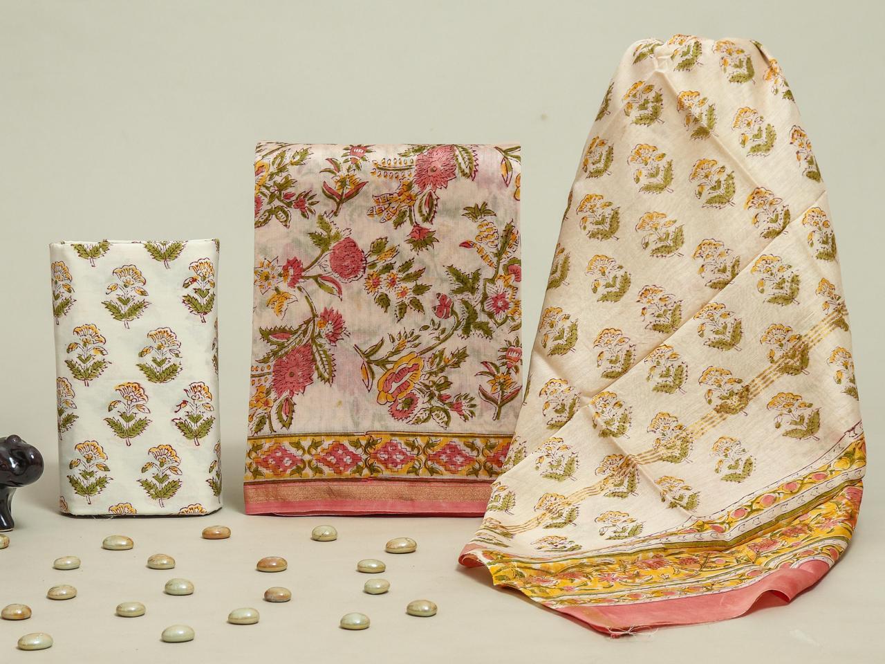 ELEGANT HAND BLOCK CHANDERI SILK SUIT SET WITH CHANDERI DUPATTA (CHDYS262)