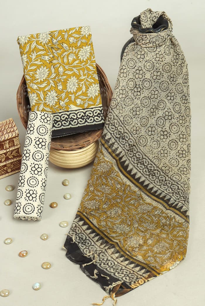 YUVI STYLE HAND BLOCK PRINT PURE COTTON SUIT WITH DORIA DUPATTA(3CKDYS196)