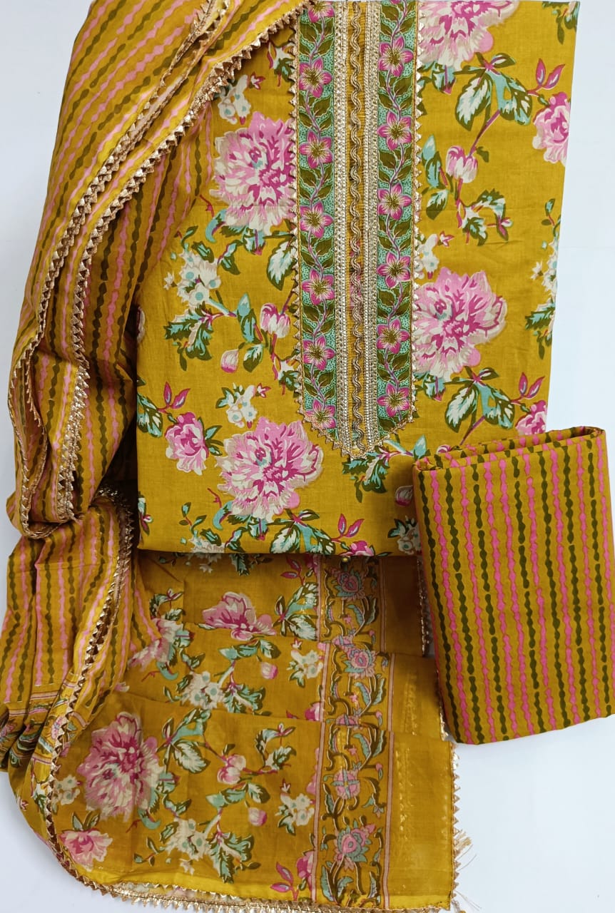 JAIPURI PRINTED COTTON NECK WORK SUITS WITH MULMUL DUPATTA (GOTAYS156)