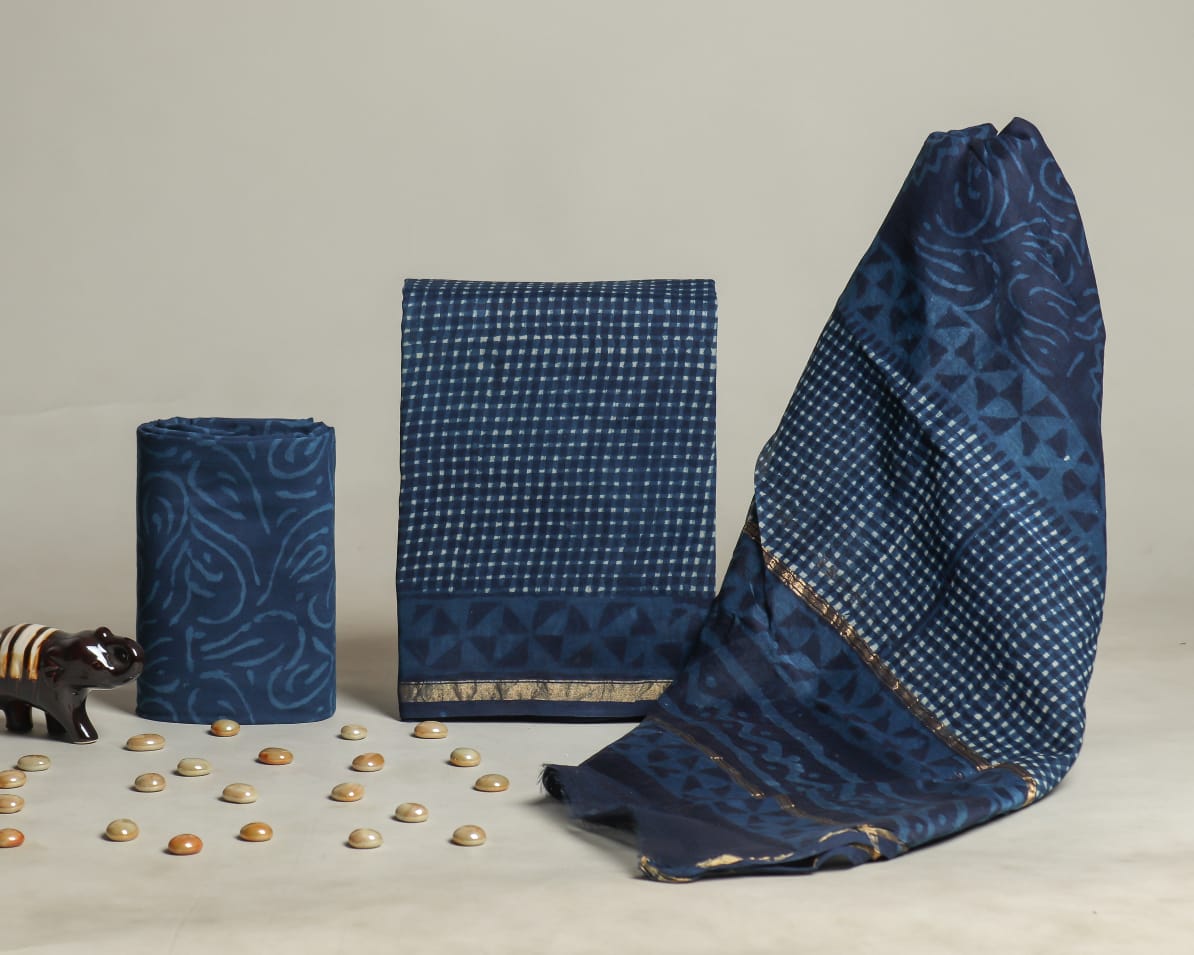 DESIGNER HAND BLOCK PRINT CHANDERI SILK SUIT SET WITH PREMIUM CHANDERI DUPATTA (CHDYS77)