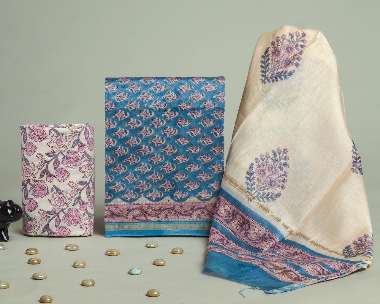 DESIGNER HAND BLOCK INDIGO PRINT CHANDERI SILK SUIT SET WITH PREMIUM CHANDERI DUPATTA (CHDYS148)