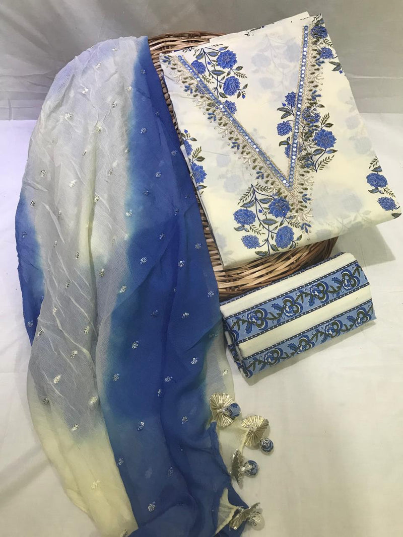 SANGANERI PRINT COTTON SUIT MATERIAL WITH CHIFFION DUPATTA GOTTA NECK WORK (GOTAYS51)