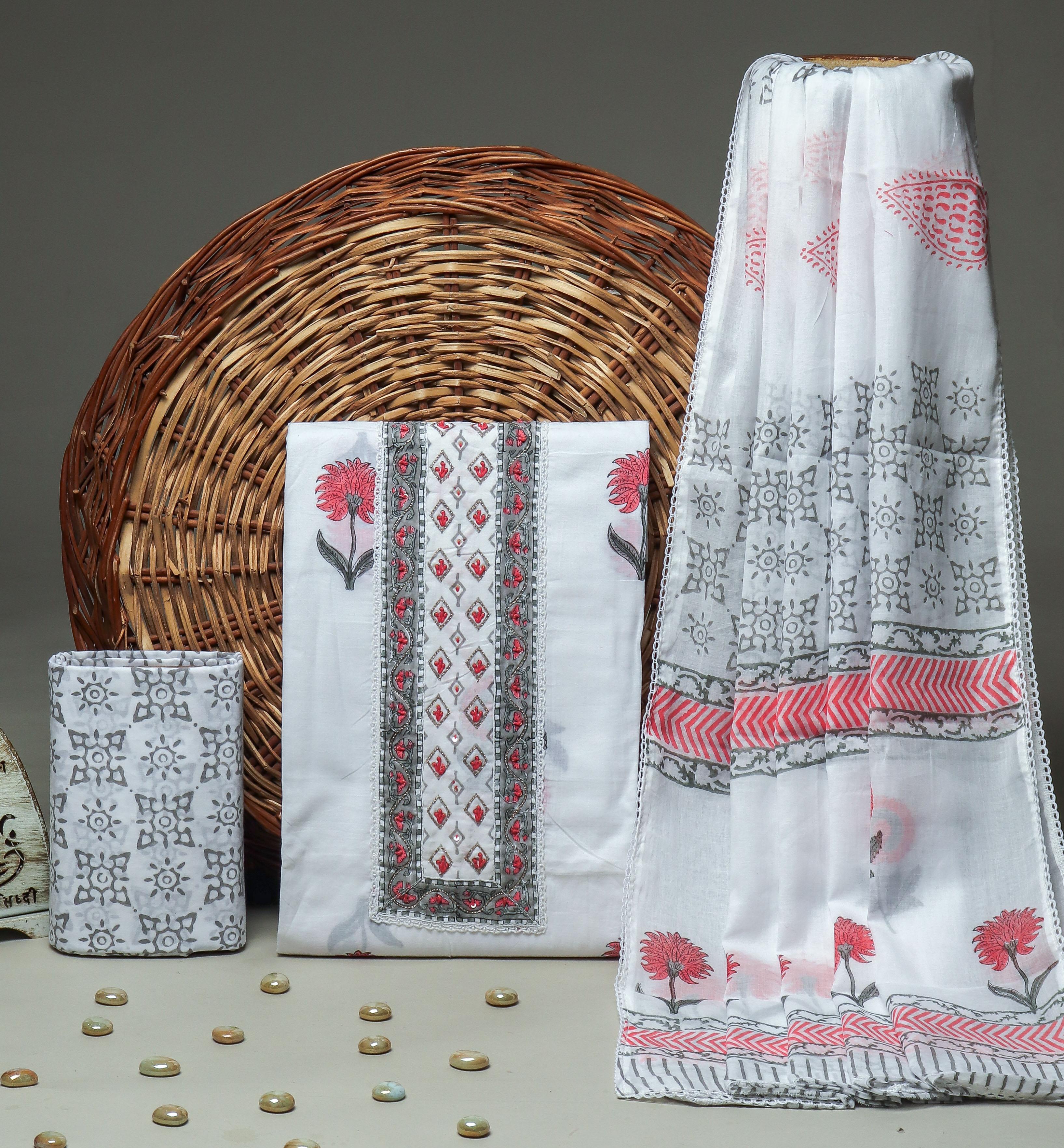 Sanganeri print cotton suit material with cotton dupatta Hand work (GOTAYS102)