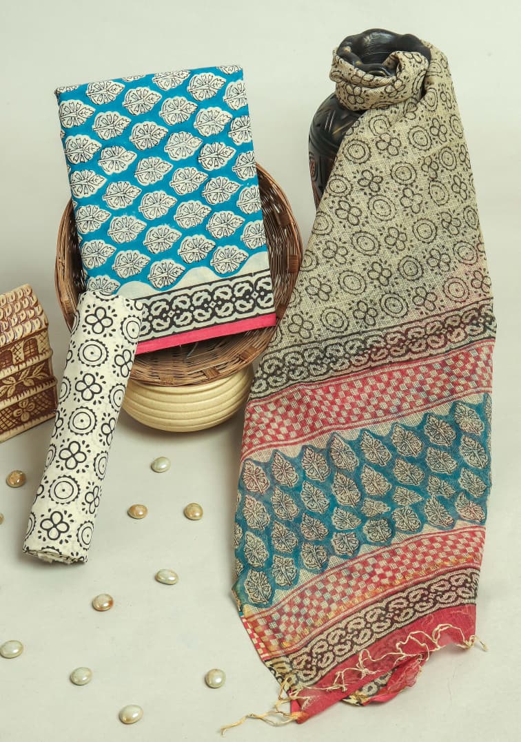 DESIGNER HAND BLOCK PRINT PURE COTTON SUIT MATERIAL WITH KOTA DORIA DUPATTA (3CKDYS68)