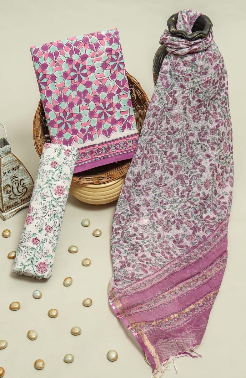 APPEALING HAND BLOCK PURE COTTON SUIT WITH KOTA DORIA DUPATTA (3CKDYS157)